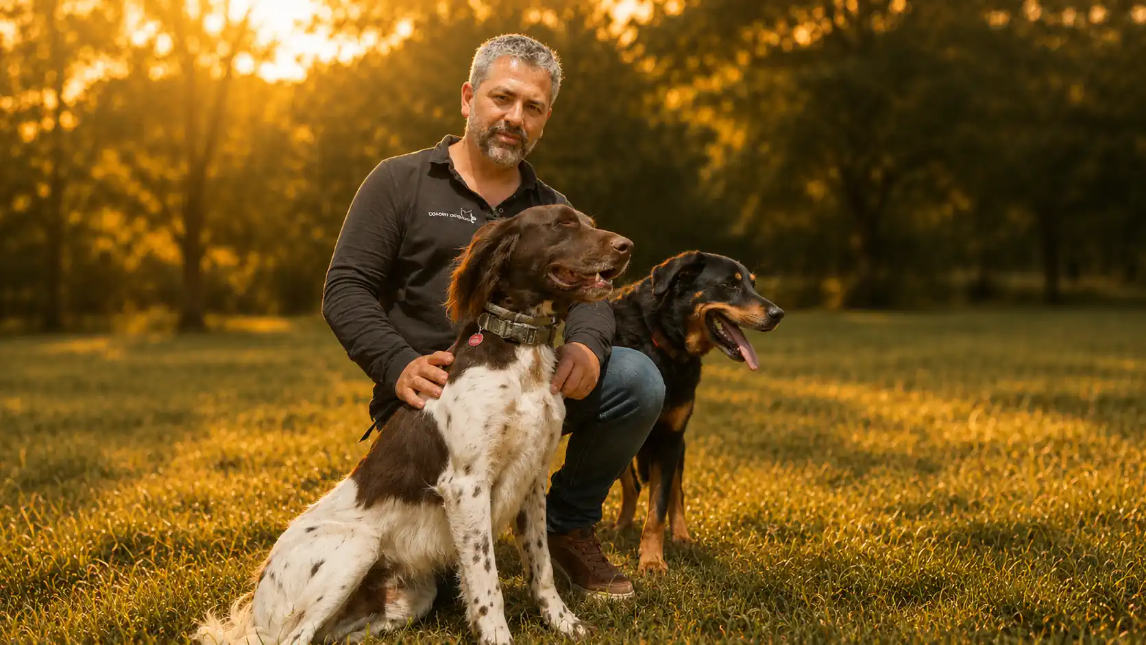 Éducateur comportementaliste canin accompagnant deux chiens lors d'une séance d'éducation dans le Cotentin