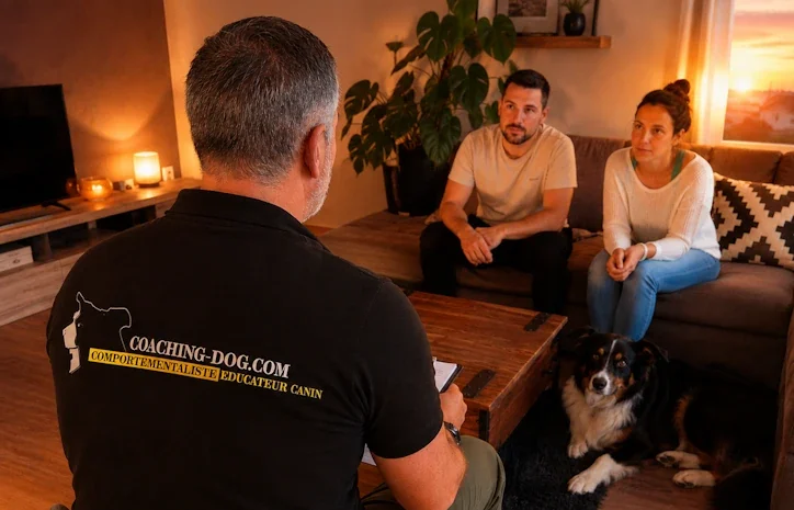 Étude de comportement à domicile avec un éducateur comportementaliste canin et une famille