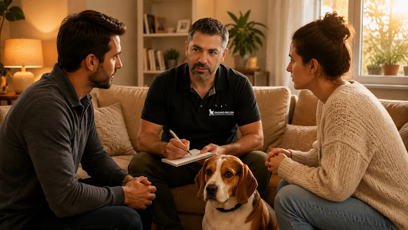Éducateur canin échangeant avec des propriétaires.