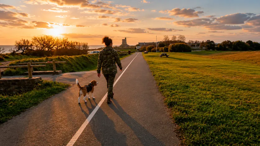 Promenade avec un chien au coucher du soleil.