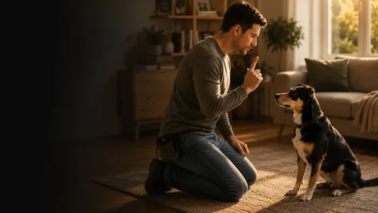 Homme préoccupé par le comportement de son chien.