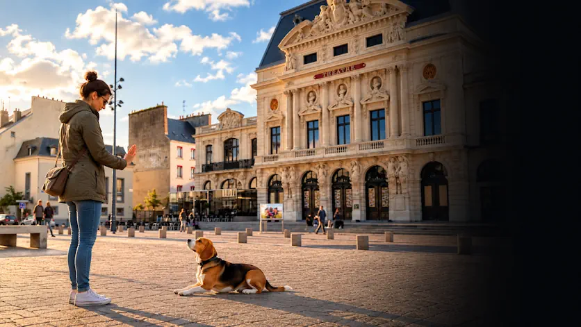 Education canine devant le théatre de cherbourg