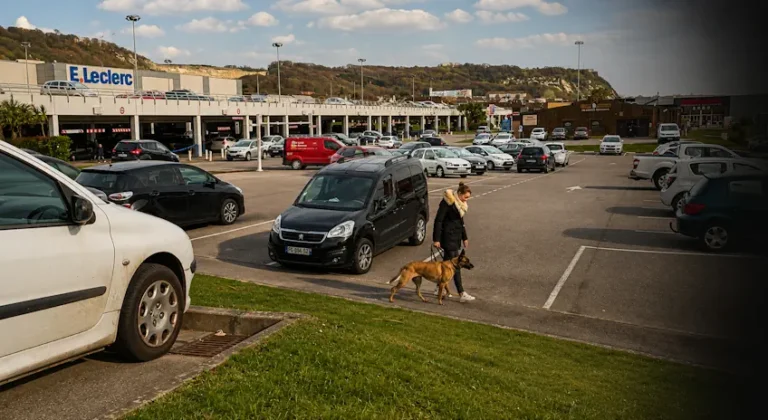 Séance d'éducation canine sur un parking de supermarché