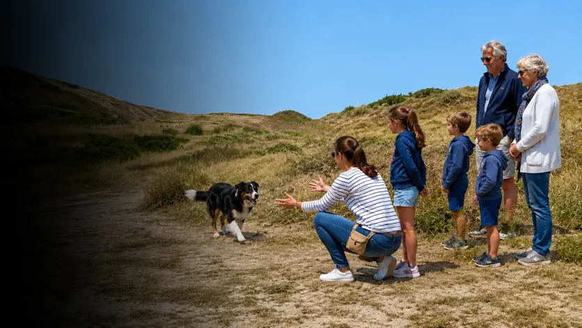 une famille se promenant avec son chien dans un paysage naturel.