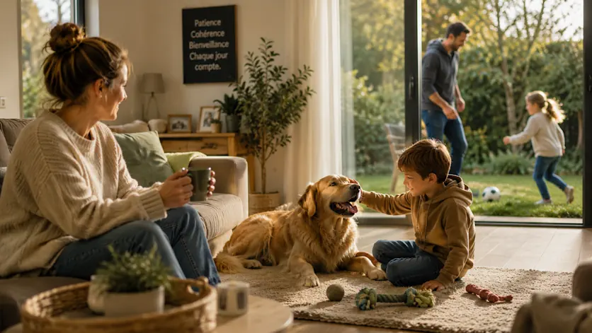 Enfant jouant avec son chien dans le salon.