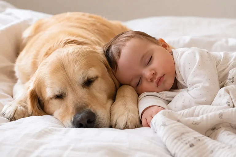 Bébé dormant paisiblement aux côtés d'un Golden Retriever.