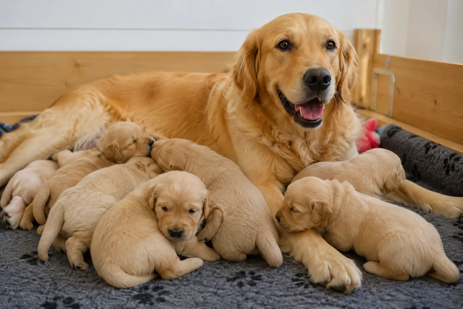 Maman golden retriever avec ses chiots