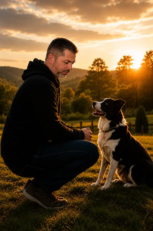 Éducateur canin observant un Border Collie assis face à lui lors d'une séance d'éducation canine au coucher du soleil.