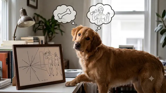 Image IA d'un Golden retriever essayant de comprendre la gravure de pionner