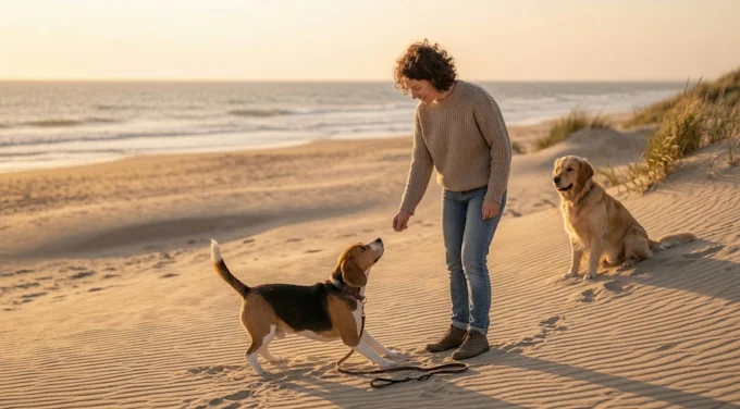 Femme jouant avec ses chiens sur une plage.