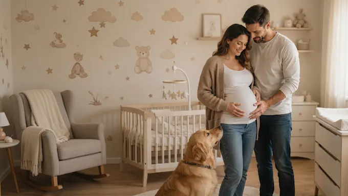 Couple attendant un bébé avec leur chien dans la future chambre de l'enfant.