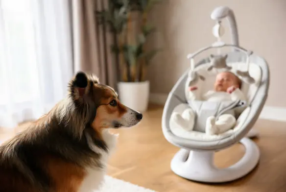 Chien observant calmement un bébé installé dans un transat à la maison.